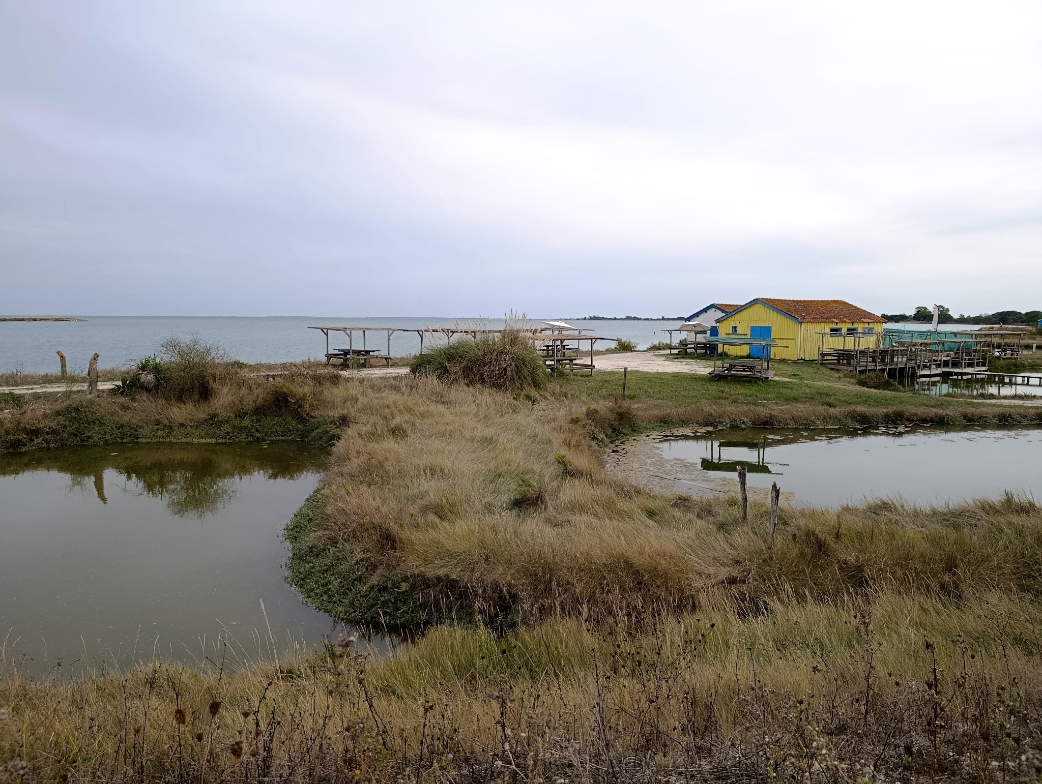 Cabane jaune et tables au bord des bassins face à la mer à Fort-Royer